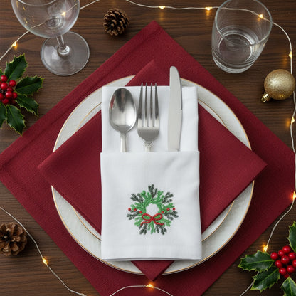 Christmas Wreath Embroidered Cotton 18x18 inch Dinner Napkins