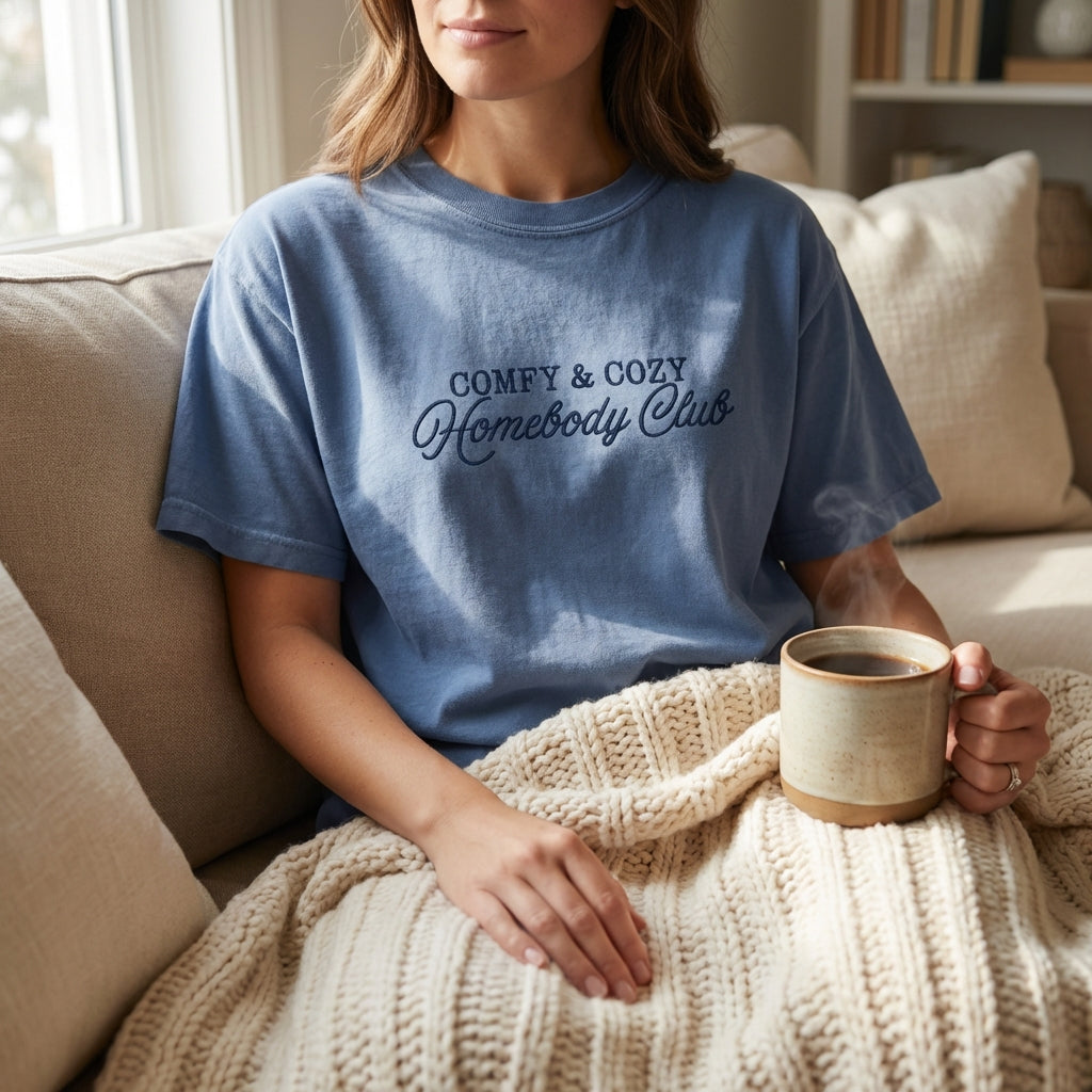 Comfy & Cozy Homebody Club Embroidered S/S Tee Shirt - Blue Jean