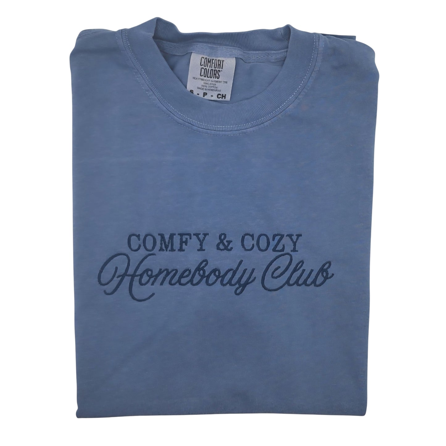 Comfy & Cozy Homebody Club Embroidered S/S Tee Shirt - Blue Jean