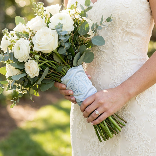 Embroidered Satin Bridal Bouquet Wrap with Monogram, Personalized Wedding Keepsake