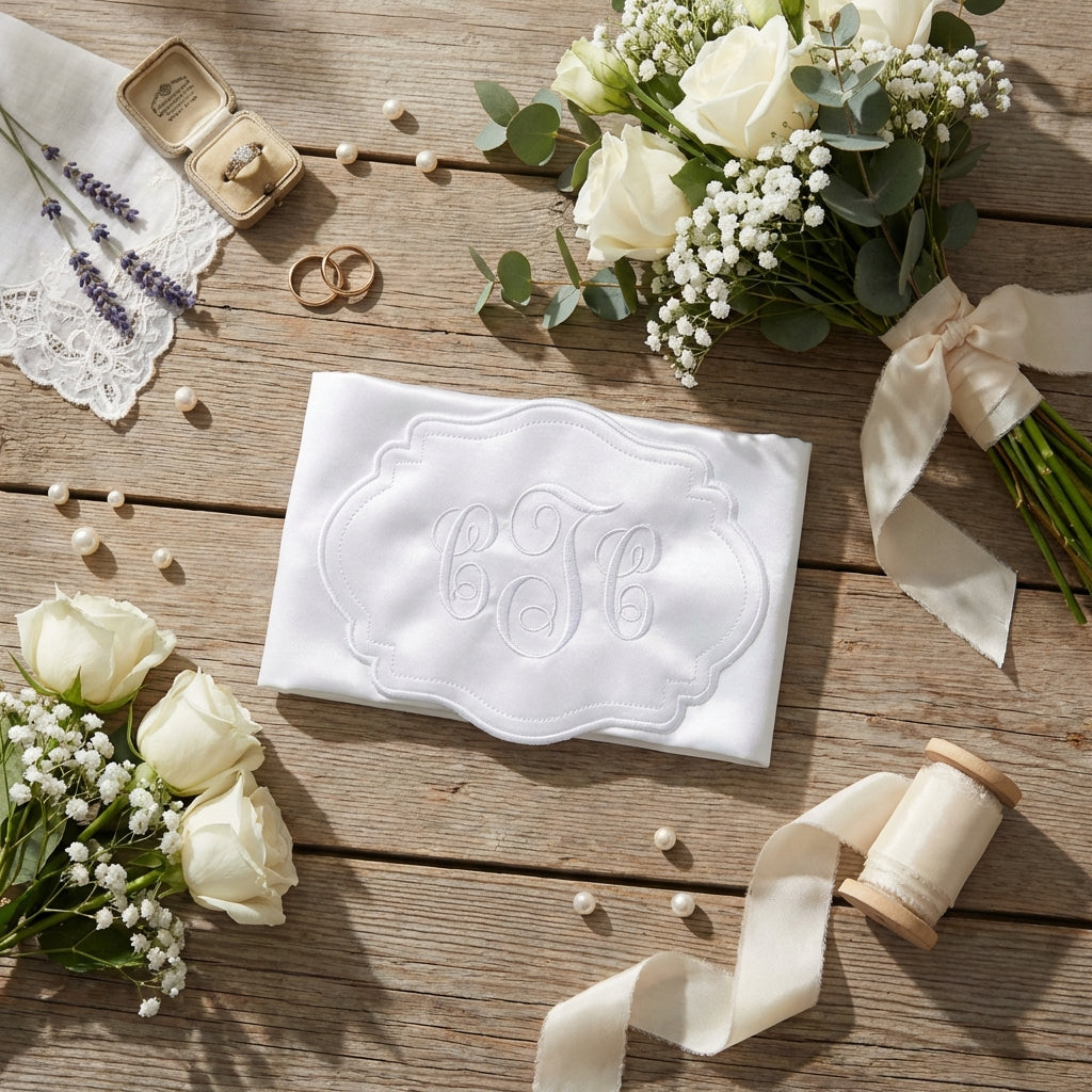 Embroidered Satin Bridal Bouquet Wrap with Monogram, Personalized Wedding Keepsake