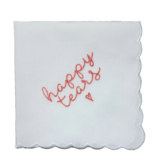 HAPPY TEARS Embroidered Square Scalloped Edge Handkerchief - Sunset Orange