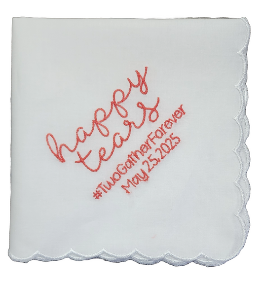 HAPPY TEARS with Wedding Hashtag and Date, Embroidered Scalloped Edge Handkerchief - Sunset Orange