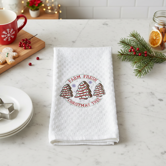 FARM FRESH CHRISTMAS TREE  Embroidered Dish Towel - White