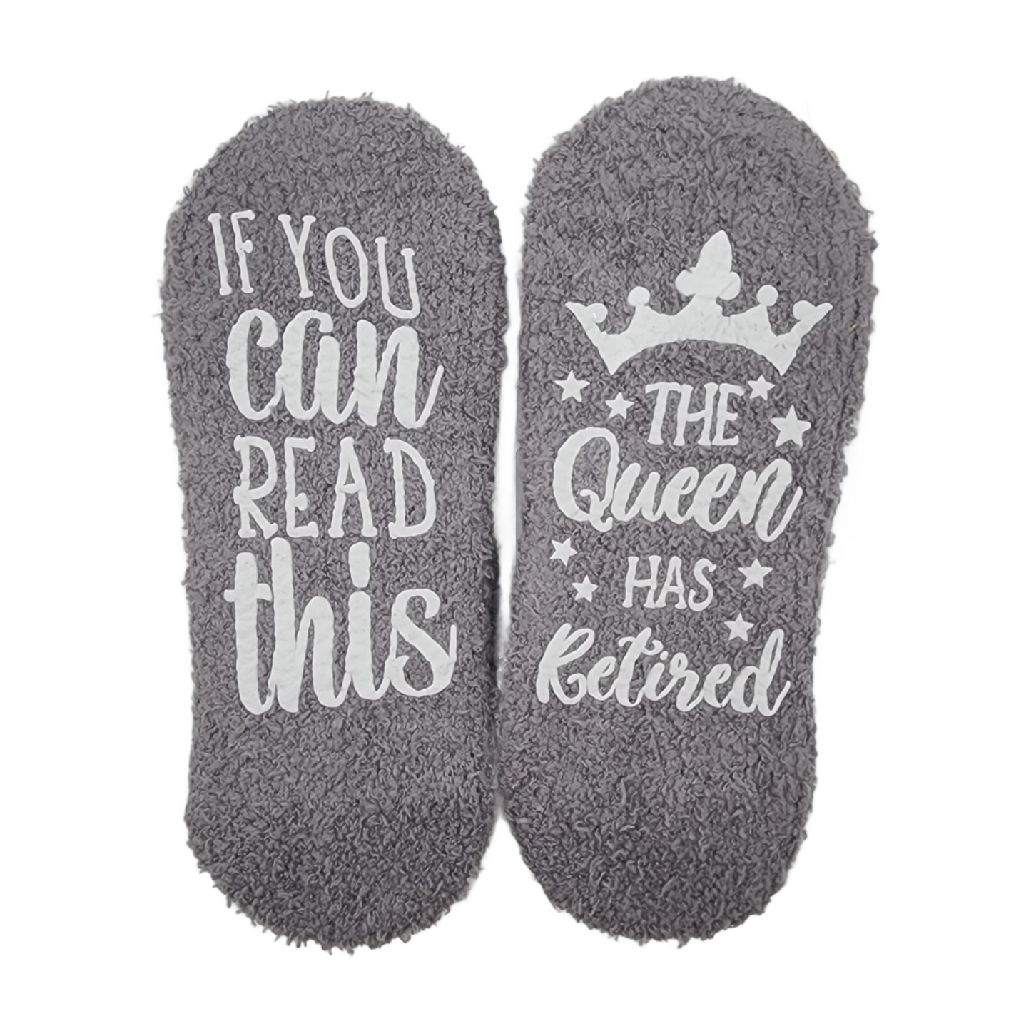 2 pair Fuzzy Socks, Puffy Design, If You Can Read This, The Queen Has Retired, Grey/White