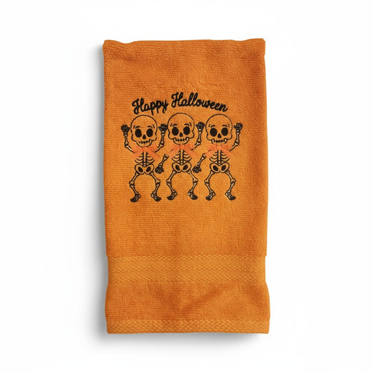 Happy Halloween Hand Towel with Embroidered Dancing Skeletons - Orange/Black