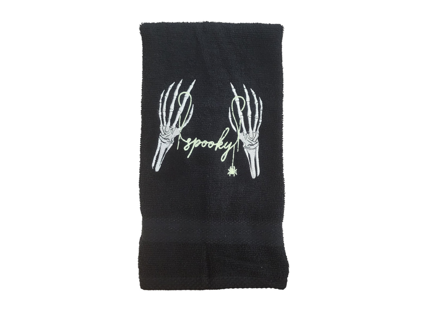 Spooky Halloween Hand Towel with Embroidered Glow in the Dark Skeleton Hands - Black