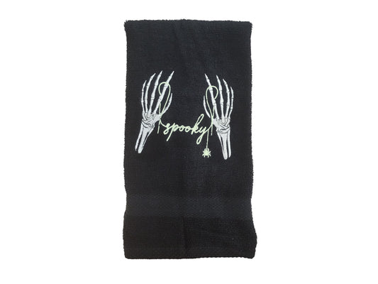 Spooky Halloween Hand Towel with Embroidered Glow in the Dark Skeleton Hands - Black
