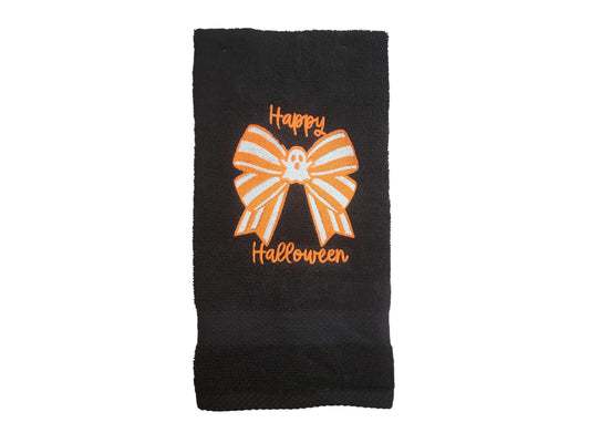 Happy Halloween Hand Towel with Embroidered Striped Couture Ghost Bow - Black