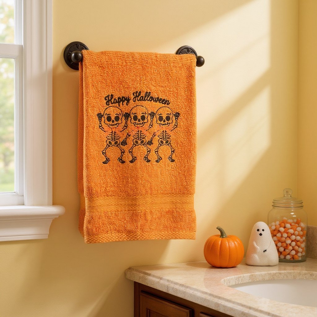 Happy Halloween Hand Towel with Embroidered Dancing Skeletons - Orange/Black