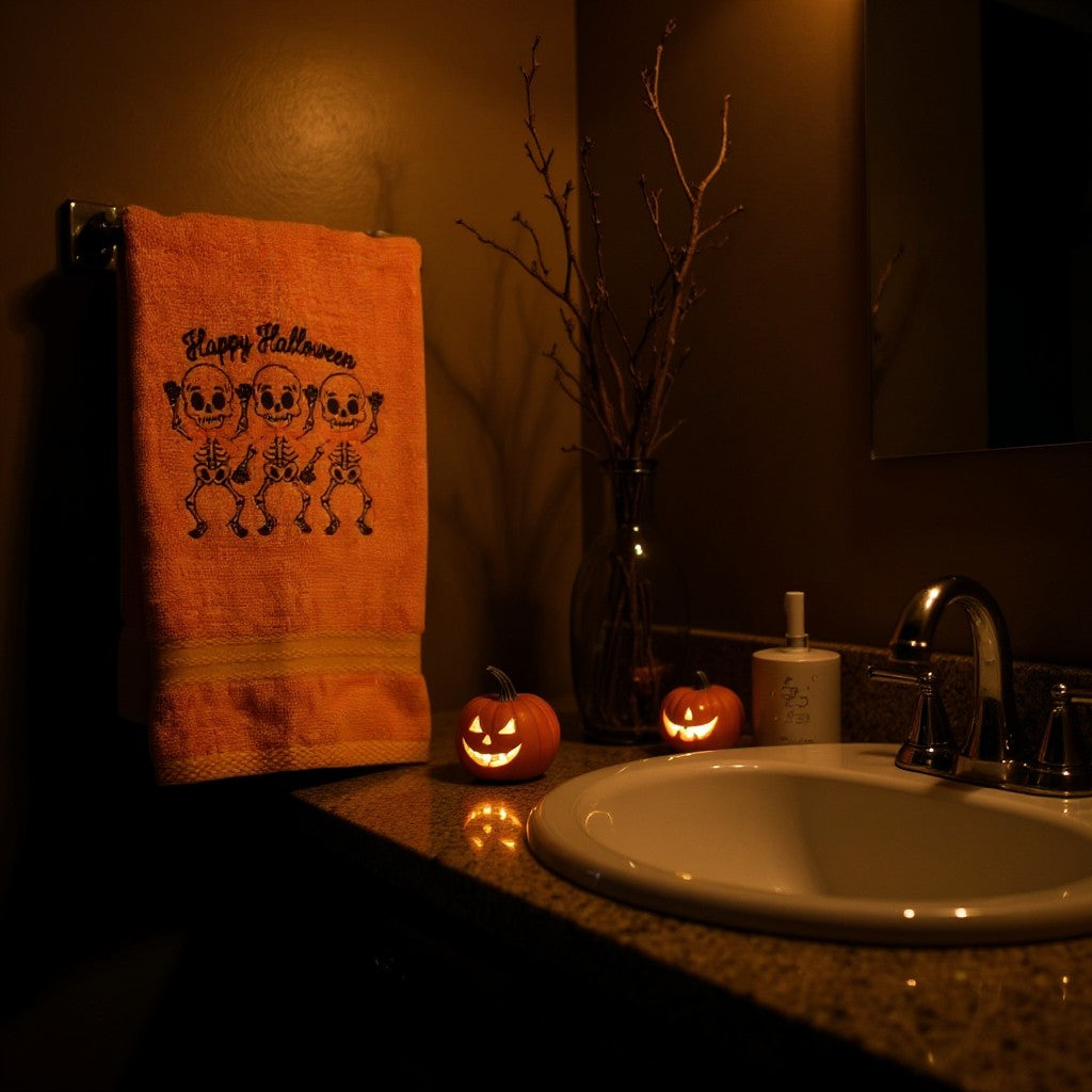 Happy Halloween Hand Towel with Embroidered Dancing Skeletons - Orange/Black