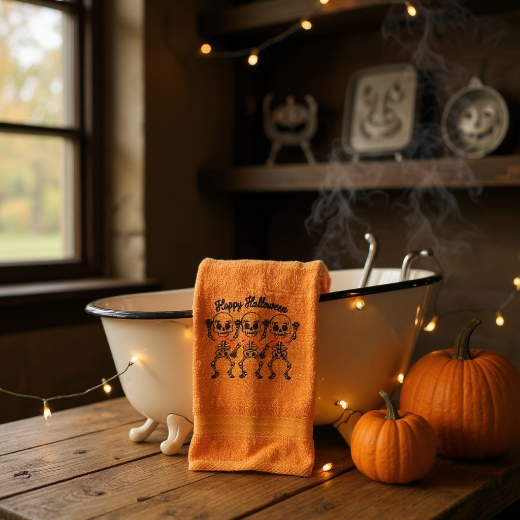 Happy Halloween Hand Towel with Embroidered Dancing Skeletons - Orange/Black
