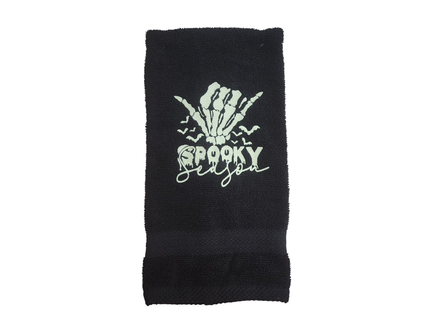 Spooky Season Halloween Hand Towel with Embroidered Glow in the Dark Skeleton Hand - Black