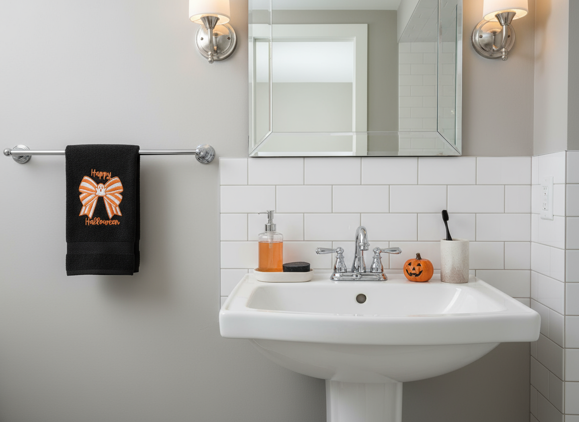Happy Halloween Hand Towel with Embroidered Striped Couture Ghost Bow - Black