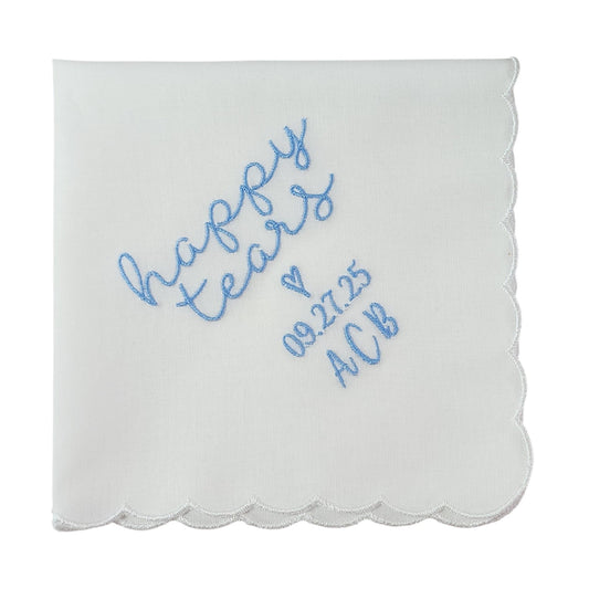 HAPPY TEARS Embroidered Scalloped Edge Handkerchief with Monogram/Initials
