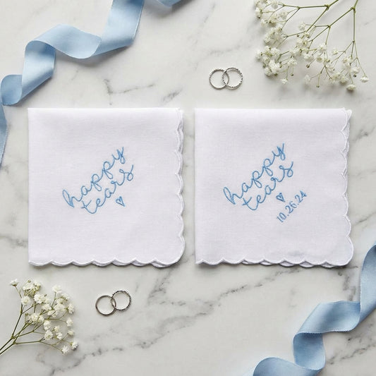 HAPPY TEARS Embroidered Scalloped Edge Handkerchief with Custom Date