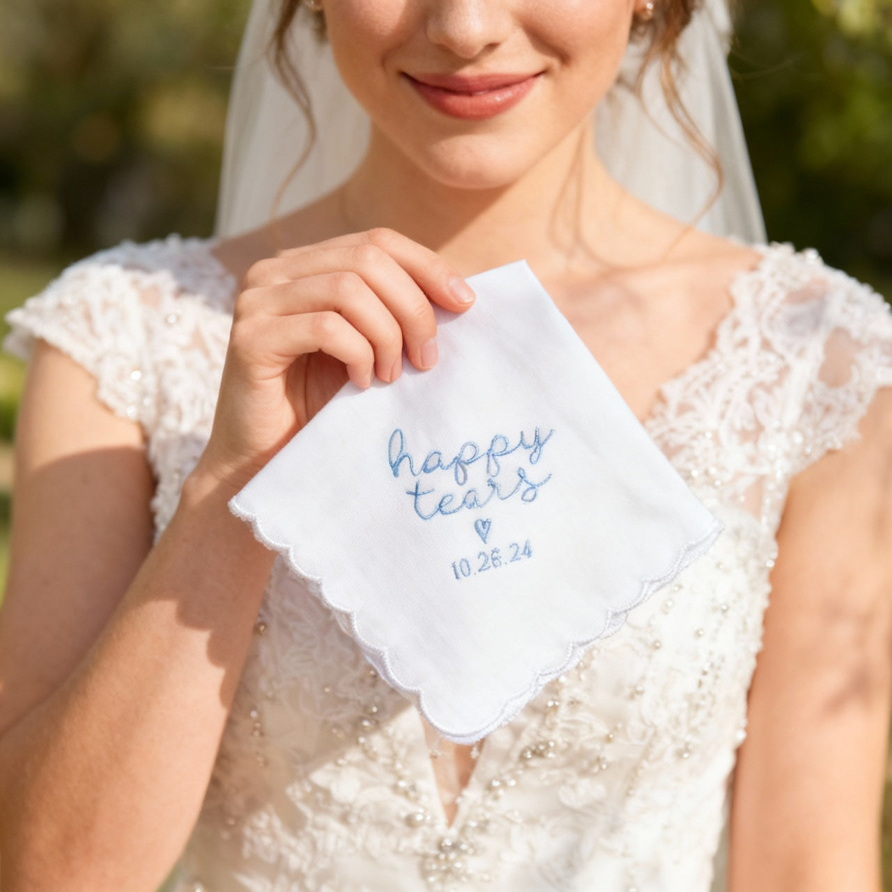 HAPPY TEARS Embroidered Scalloped Edge Handkerchief with Custom Date