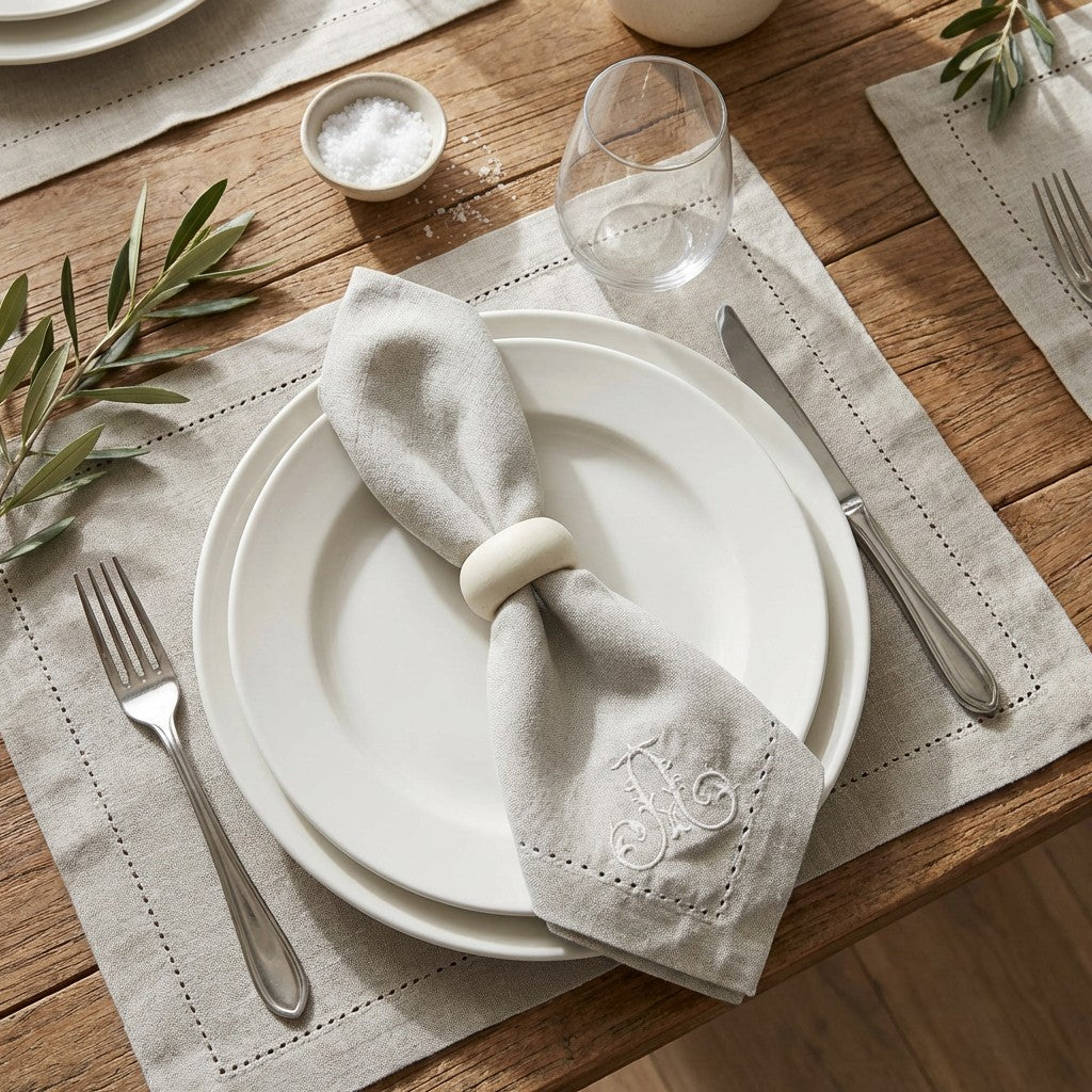 Hemstitched 18 inch Cotton Dinner Napkin with Embroidered Monogram