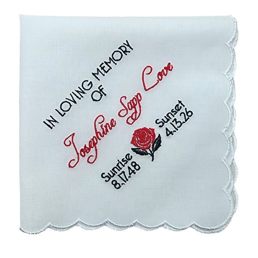 IN LOVING MEMORY OF Embroidered Scalloped Handkerchief with Custom Name and Dates