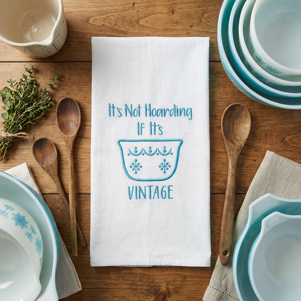 It's Not Hoarding If It's Vintage Embroidered Applique Flour Sack Tea Towel - Snowflake Sky Blue