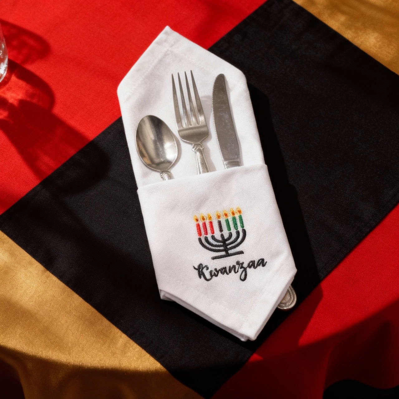 Kwanzaa Candelabra Embroidered Cotton 18x18 inch Dinner Napkin
