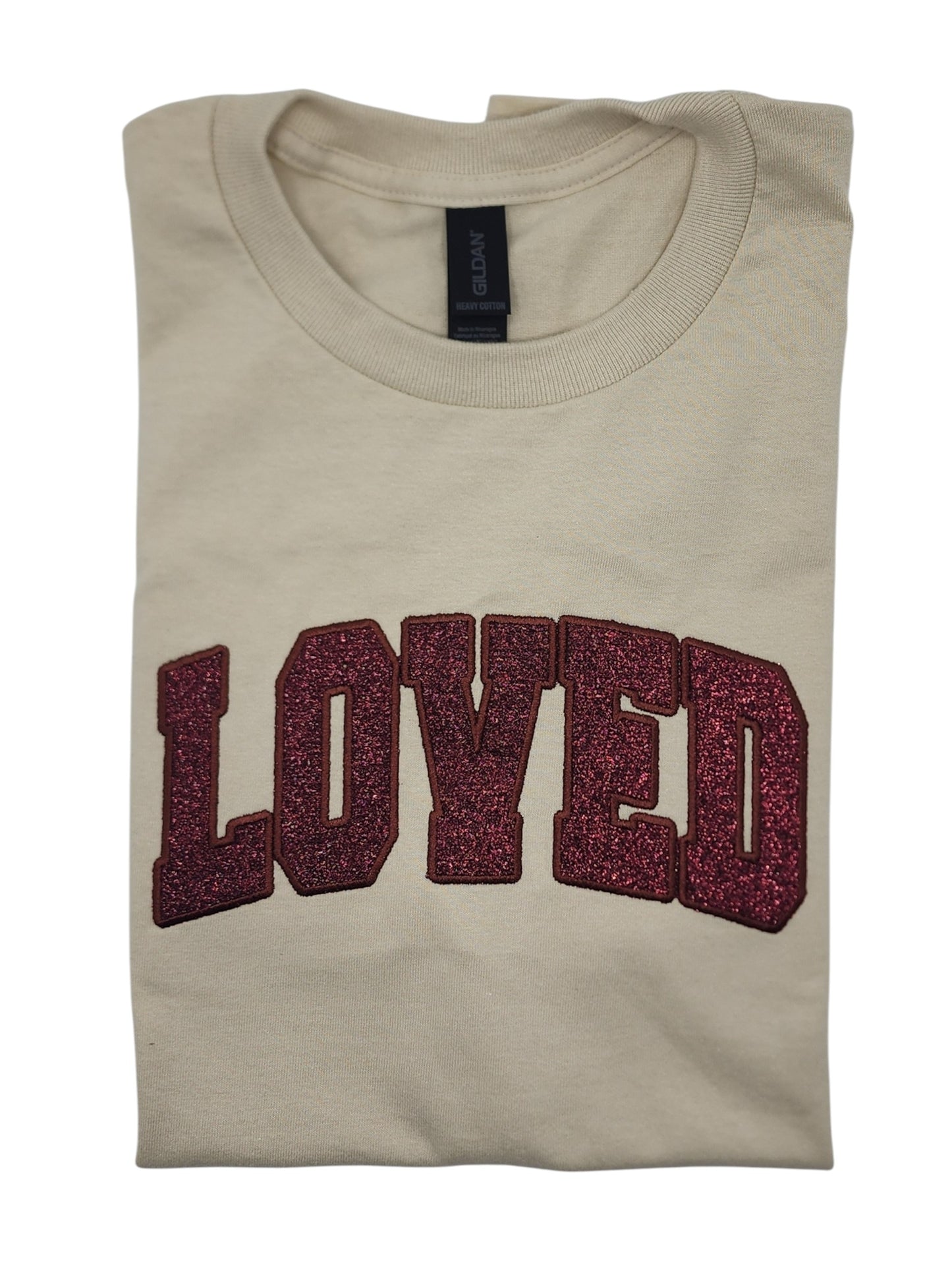 Valentines LOVED Embroidered Glitter Applique Tee Shirt - Sand/Burgundy