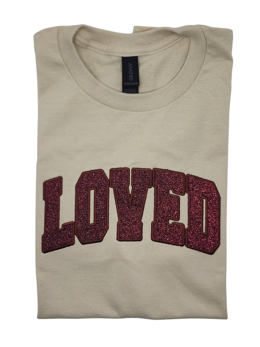 Valentines LOVED Embroidered Glitter Applique Tee Shirt - Sand/Burgundy