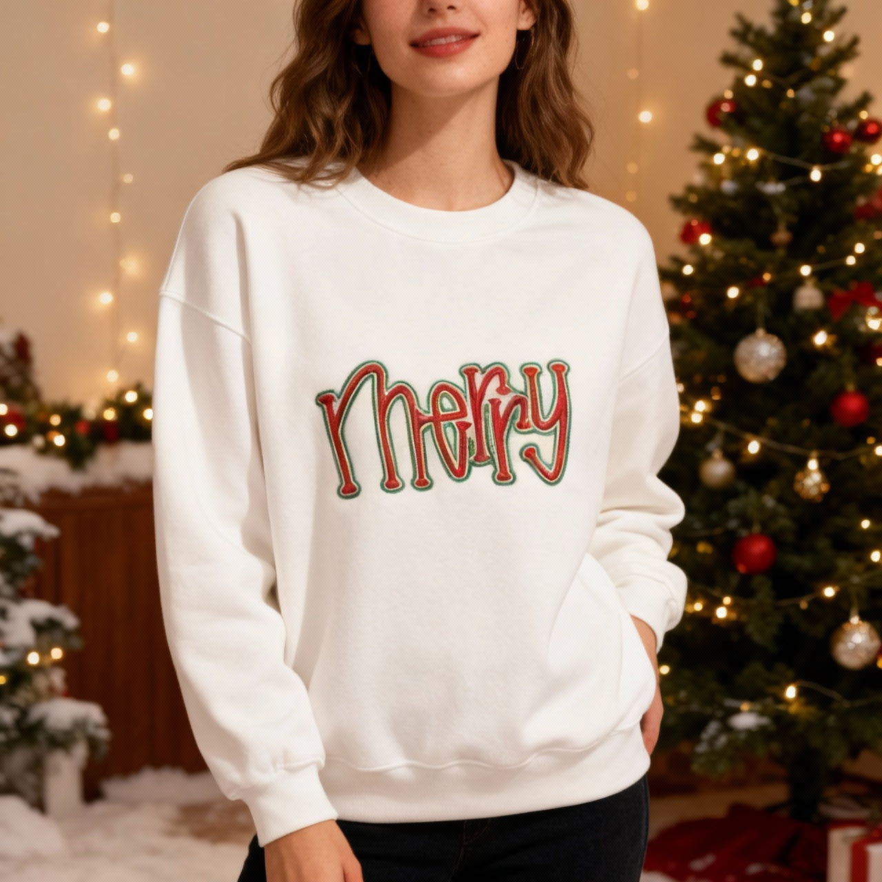 MERRY 3D Puff Embroidered Crew Sweatshirt - White with Metallic Red/Green