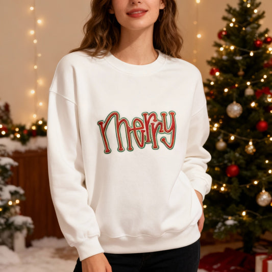 MERRY 3D Puff Embroidered Crew Sweatshirt - White with Metallic Red/Green