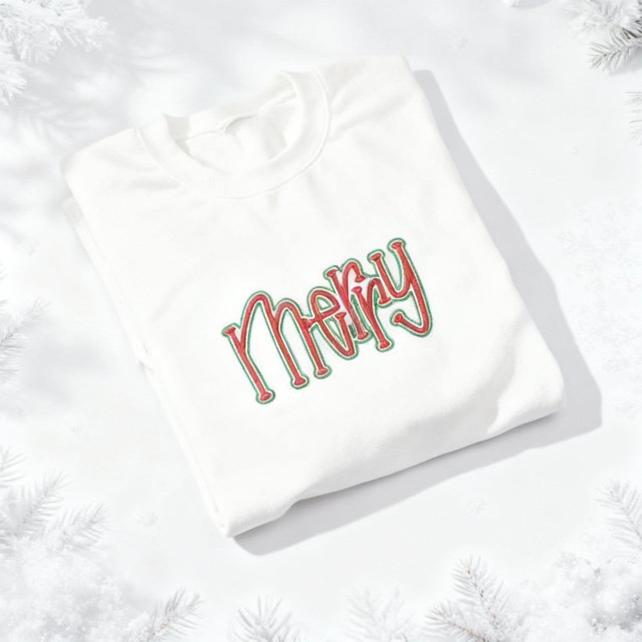 MERRY 3D Puff Embroidered Crew Sweatshirt - White with Metallic Red/Green