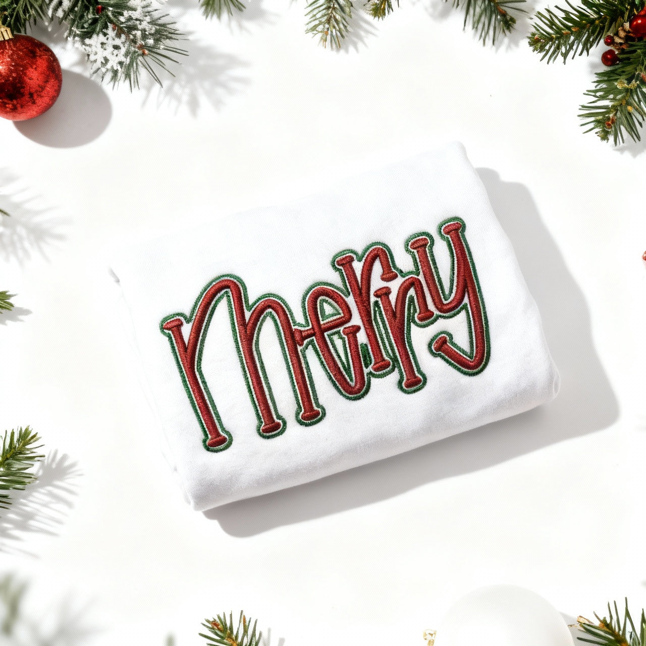 MERRY 3D Puff Embroidered Crew Sweatshirt - White with Metallic Red/Green