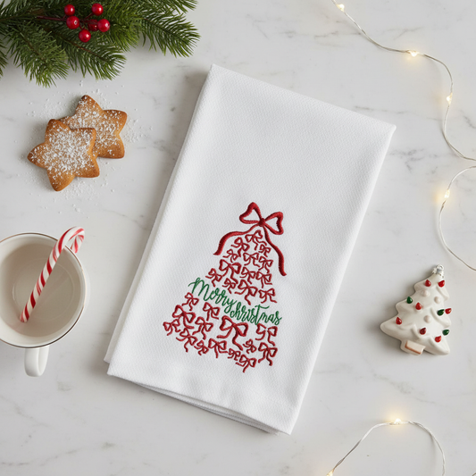 MERRY CHRISTMAS COQUETTE BOW TREE Embroidered Huck Towel - White