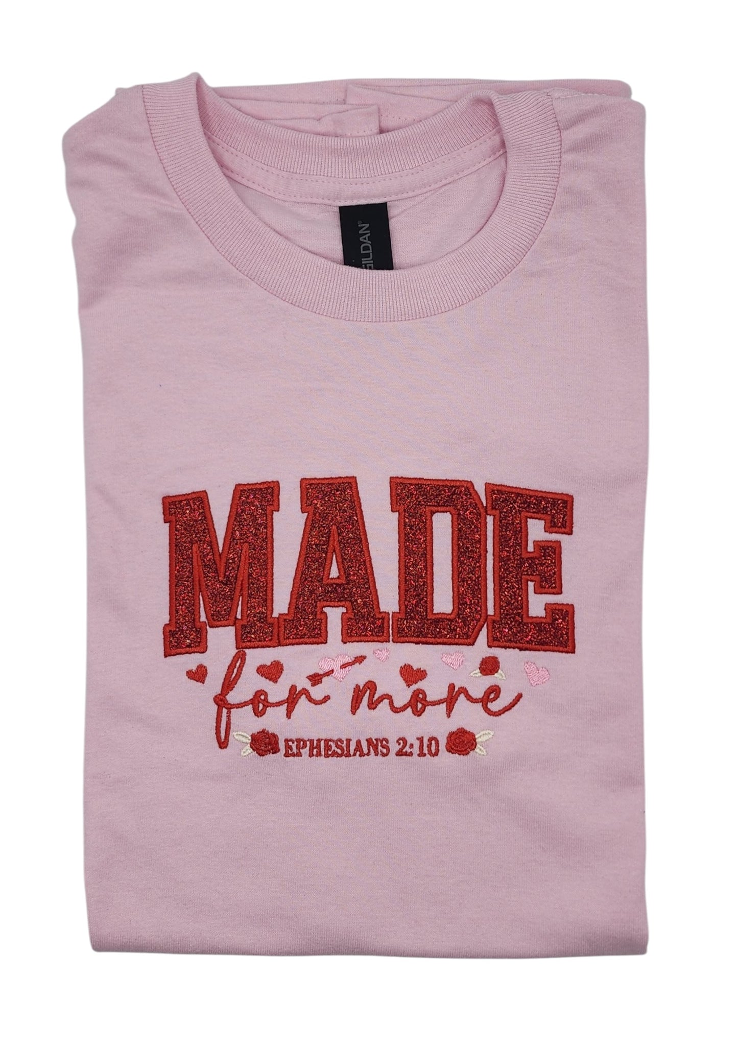 Valentines Made for More Embroidered Glitter Applique Tee Shirt - Pink/Red