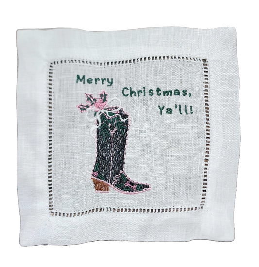 Merry Christmas Ya'll! Embroidered Linen Cocktail Napkin