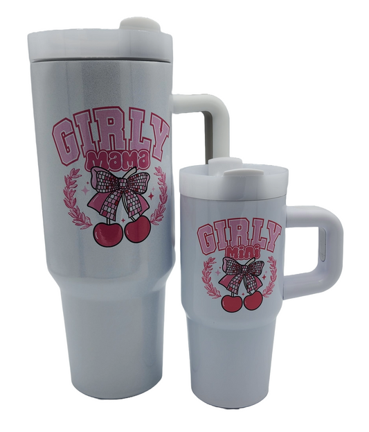 40 oz and 14 oz Mommy and Me Stainless Steel Tumbler Set, Mama Mini Girly Coquette
