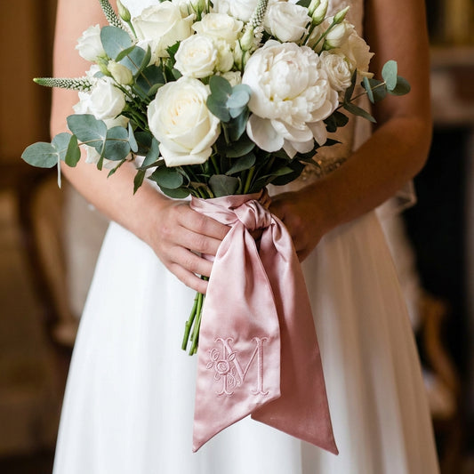 Handmade Satin Monogrammed Bouquet Sash - Blush Pink