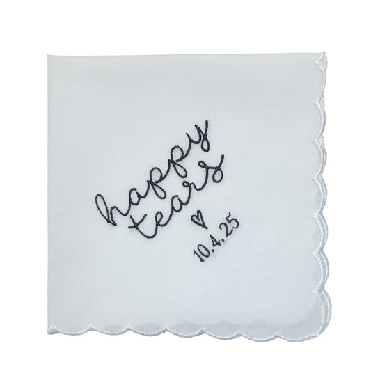 HAPPY TEARS with Heart and Date, Embroidered Scalloped Edge Handkerchief - Black