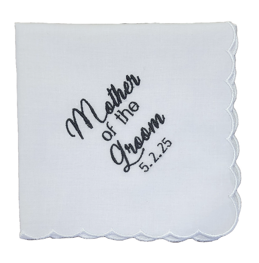 MOTHER of the Groom Personalized Embroidered Square Scalloped Edge Handkerchief with Wedding Date - Black