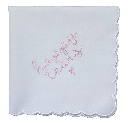 HAPPY TEARS Embroidered Square Scalloped Edge Handkerchief - Fresh Pink