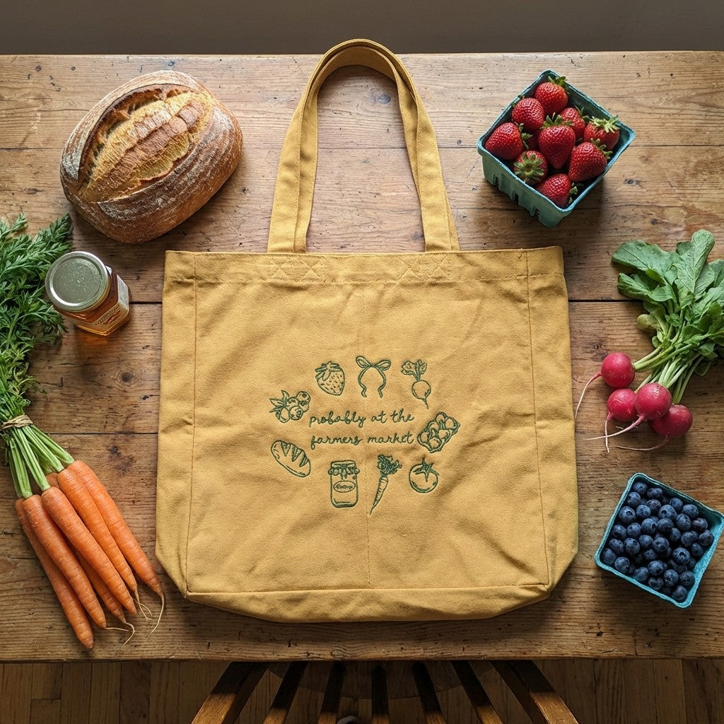 Probably At The Farmers  Market Embroidered Market Tote Bag