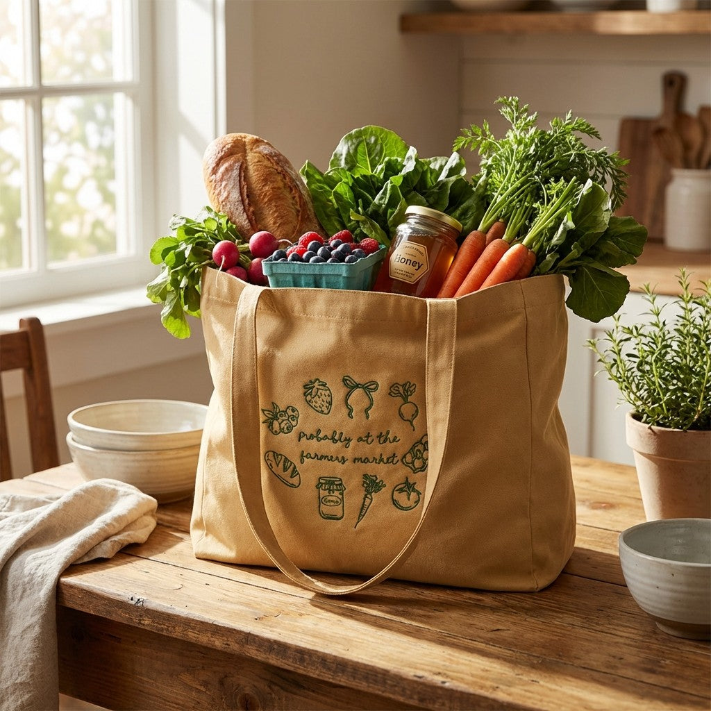 Probably At The Farmers  Market Embroidered Market Tote Bag