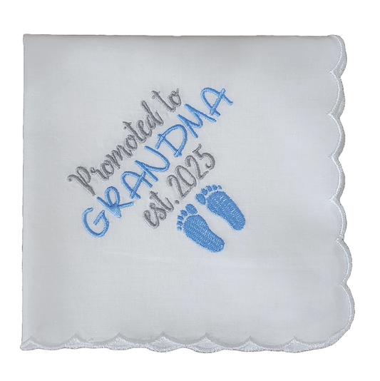 PROMOTED TO GRANDMA est. 2025 Embroidered Square Scalloped Edge Handkerchief - Light Blue