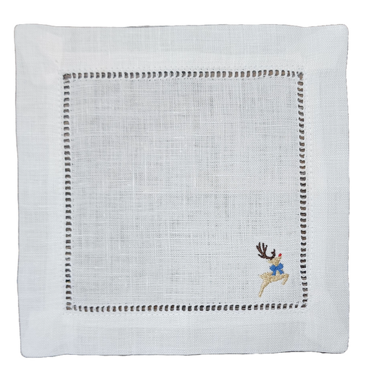 Jumping Reindeer - Embroidered Linen Cocktail Napkin