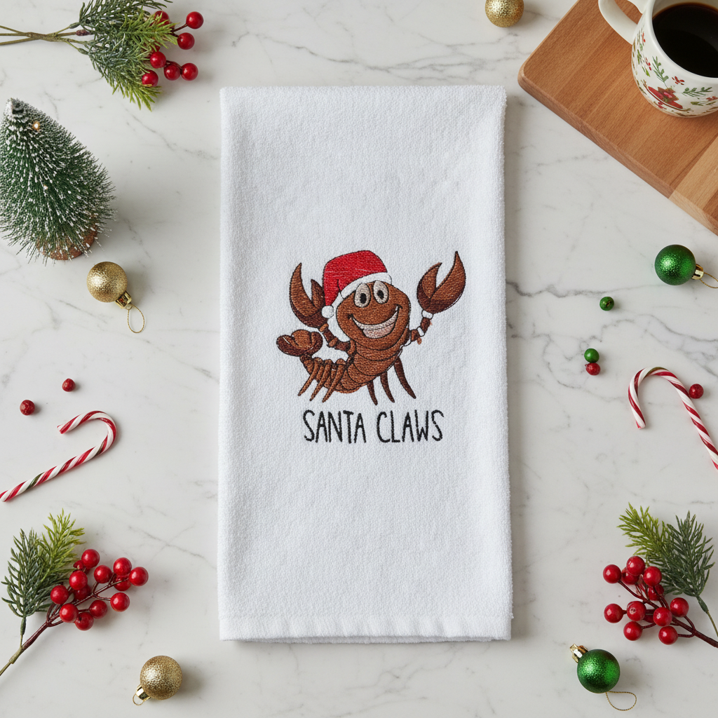 SANTA CLAWS  Embroidered Dish Towel - White