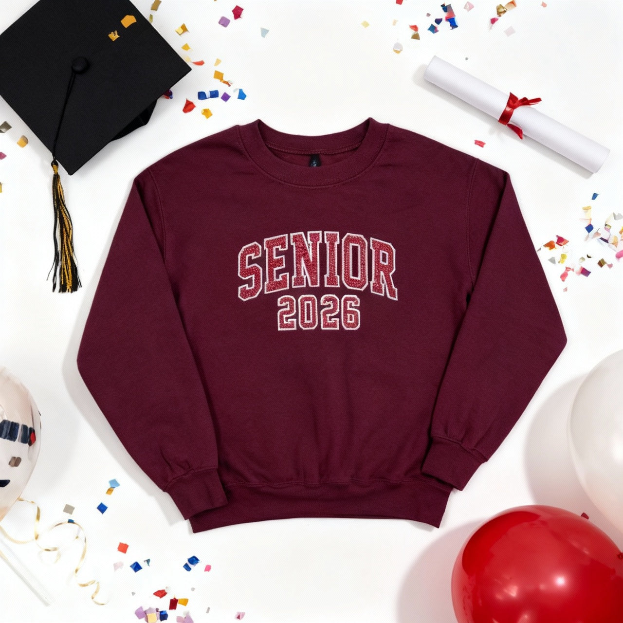 SENIOR 2026 Embroidered Glitter Applique Fleece Crew Sweatshirt - Maroon/White