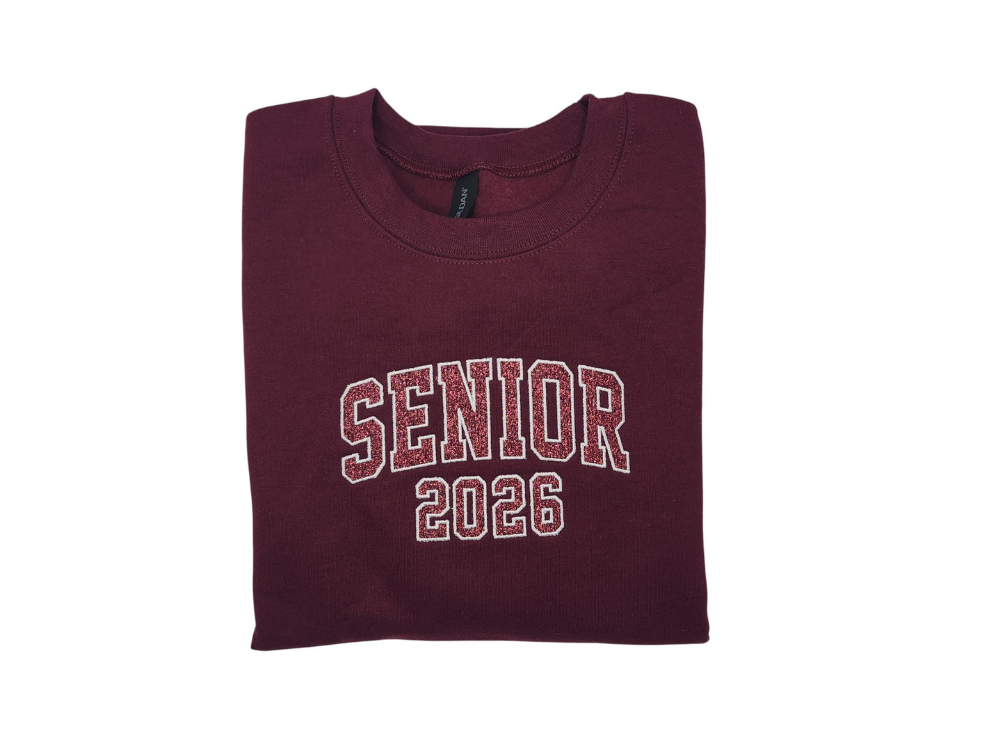 SENIOR 2026 Embroidered Glitter Applique Fleece Crew Sweatshirt - Maroon/White