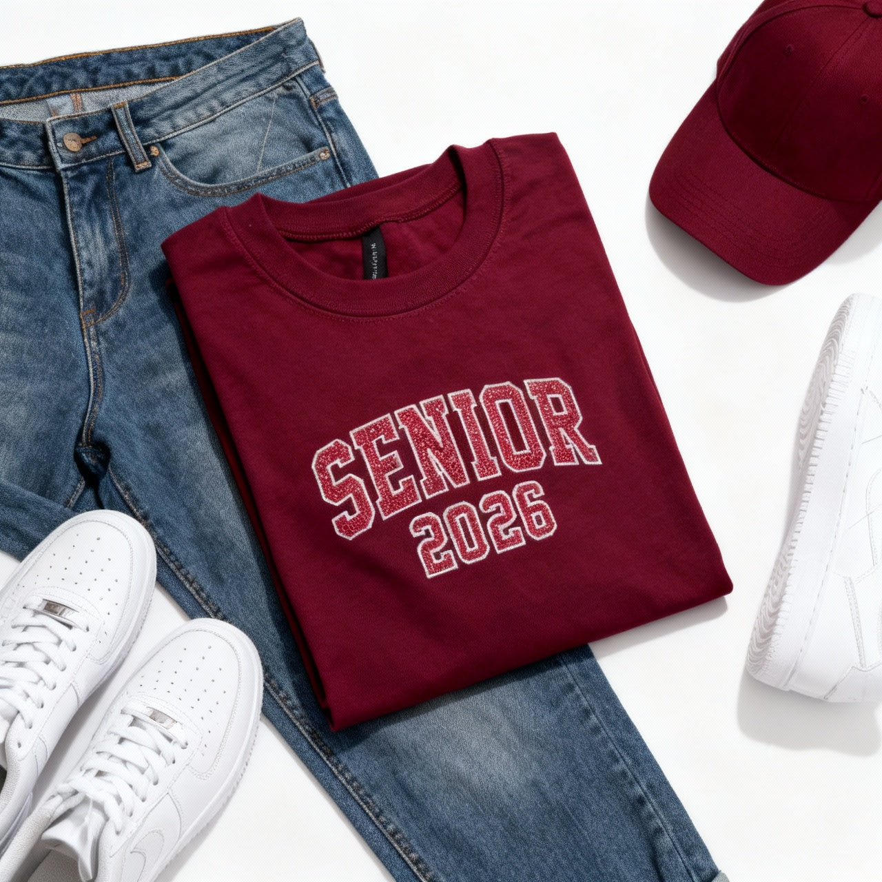 SENIOR 2026 Embroidered Glitter Applique Fleece Crew Sweatshirt - Maroon/White