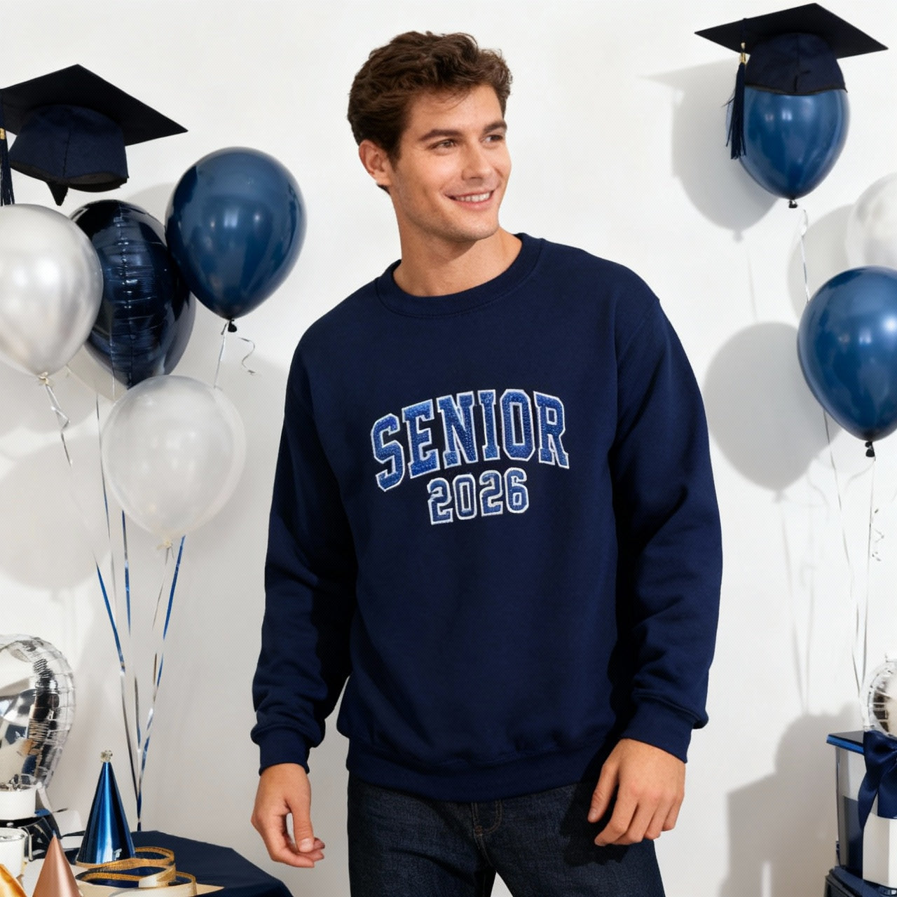 SENIOR 2026 Embroidered Glitter Applique Fleece Crew Sweatshirt - Navy/White
