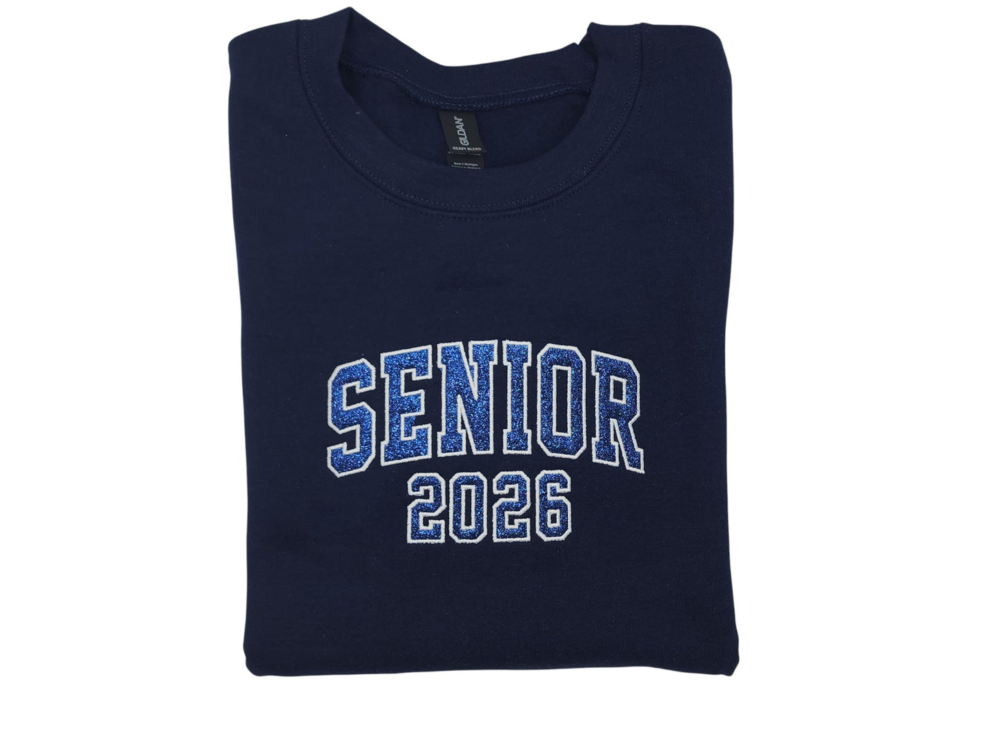 SENIOR 2026 Embroidered Glitter Applique Fleece Crew Sweatshirt - Navy/White