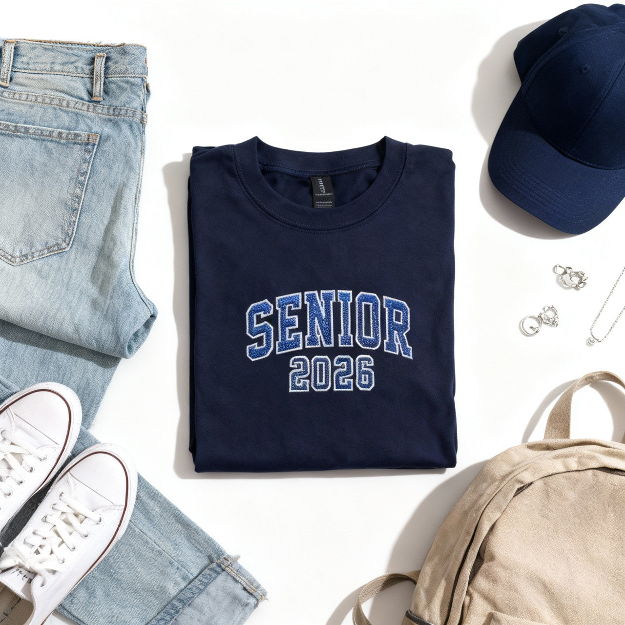 SENIOR 2026 Embroidered Glitter Applique Fleece Crew Sweatshirt - Navy/White